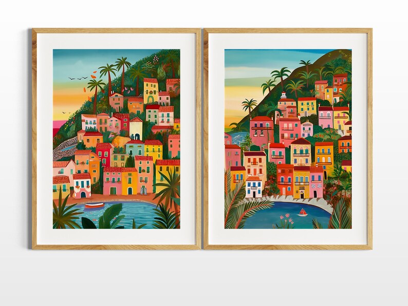 Positano illustration Set of 2, Amalfi Coast, Italy art, Art print, Wall Art, Travel illustration, Housewarming gift, Anniversary image 5