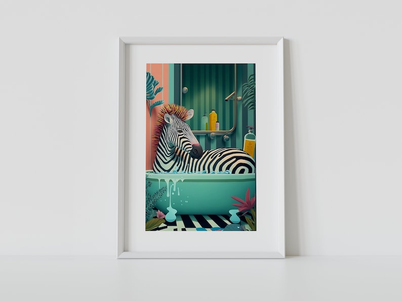 Cute Zebra in a tub, Bathroom Wall Art, Botanical Animal Print, Maximalist Animal in Bath Wall Art, Tropical Bathroom, Jungle Bathroom Decor image 2