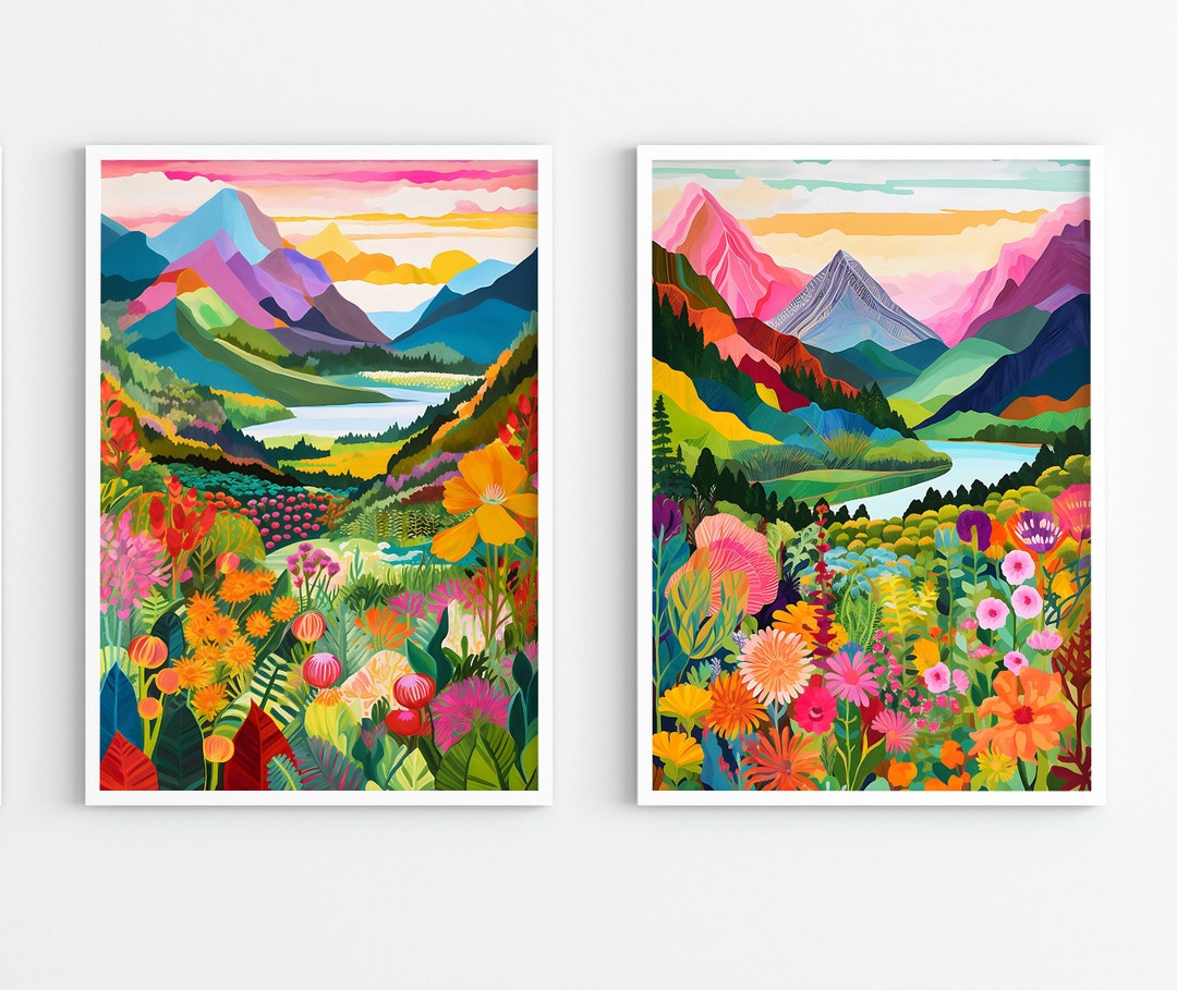 Colorful Abstract Landscape Wall Art Set of 2 Maximalist Art, Abstract