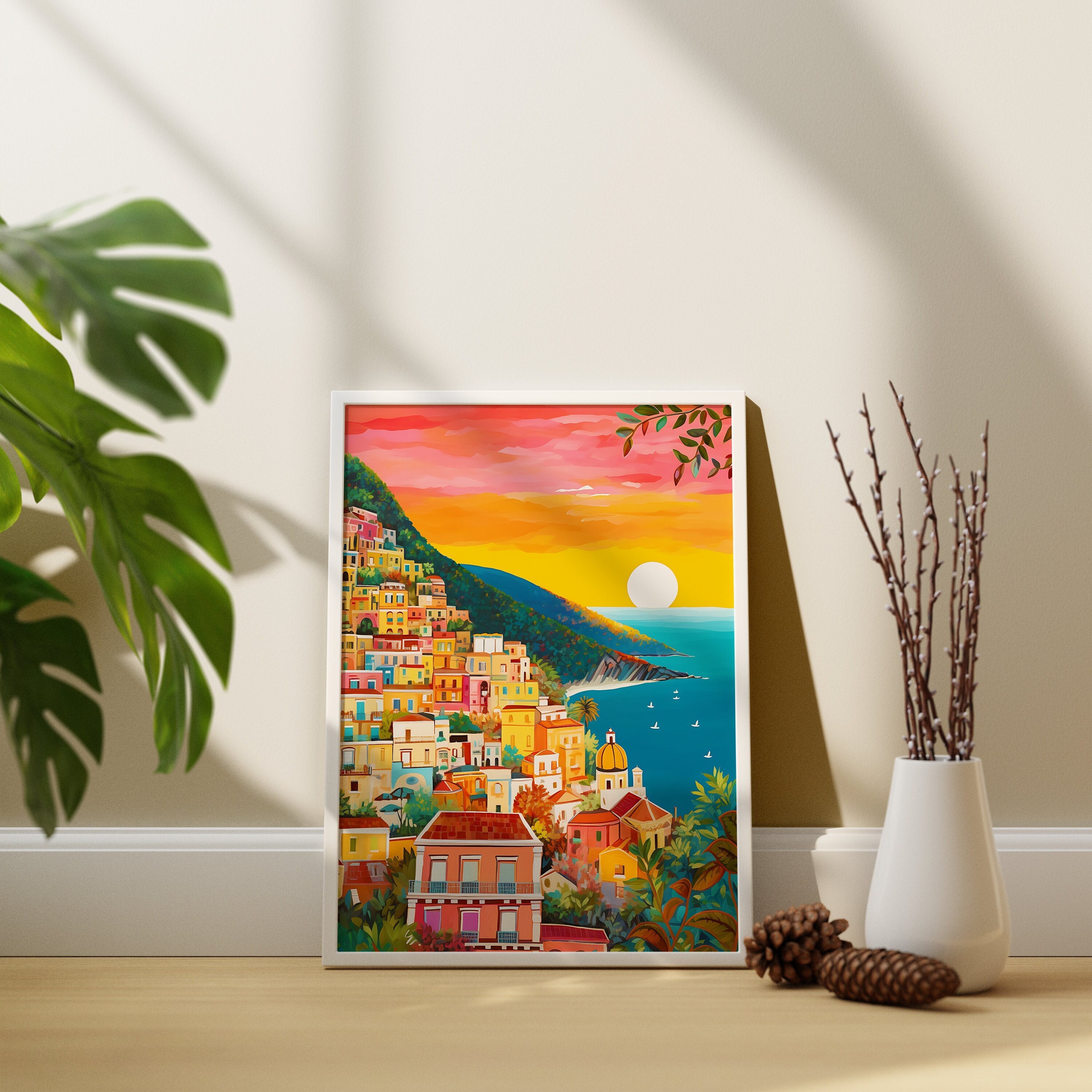 Positano illustration Art print Amalfi Coast Sunset Travel illustration Birthday present Housewarming gift Anniversary
