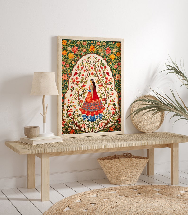 Indian Floral Printable Wall Art, Indian Vintage Art, Folk Prints, Printable, Pichwai Painting, Indian painting, Floral Art Print 画像 4