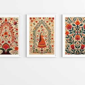 Indian Art Set of 3, Indian Vintage Art, Floral Prints, Folk Prints, Printable, Pichwai Painting, Indian painting, Indian Wall Art