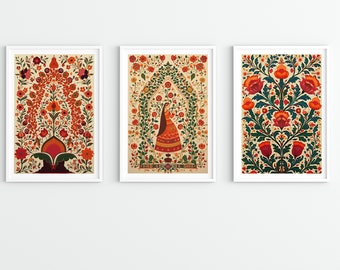 Indian Art Set of 3, Indian Vintage Art, Floral Prints, Folk Prints, Printable, Pichwai Painting, Indian painting, Indian Wall Art