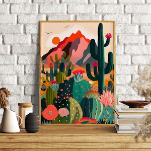 Arizona Illustration Druck, Saguaro National Park, Housewarming Geschenk, Kaktus, bunte Wandkunst helle lebendige Kunst Bild 6