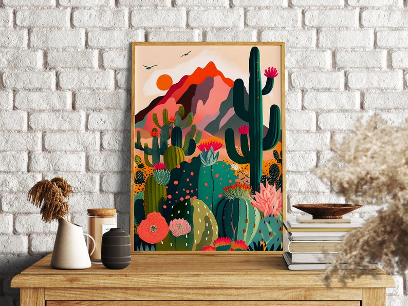 Arizona Illustration Druck, Saguaro National Park, Housewarming Geschenk, Kaktus, bunte Wandkunst helle lebendige Kunst Bild 6