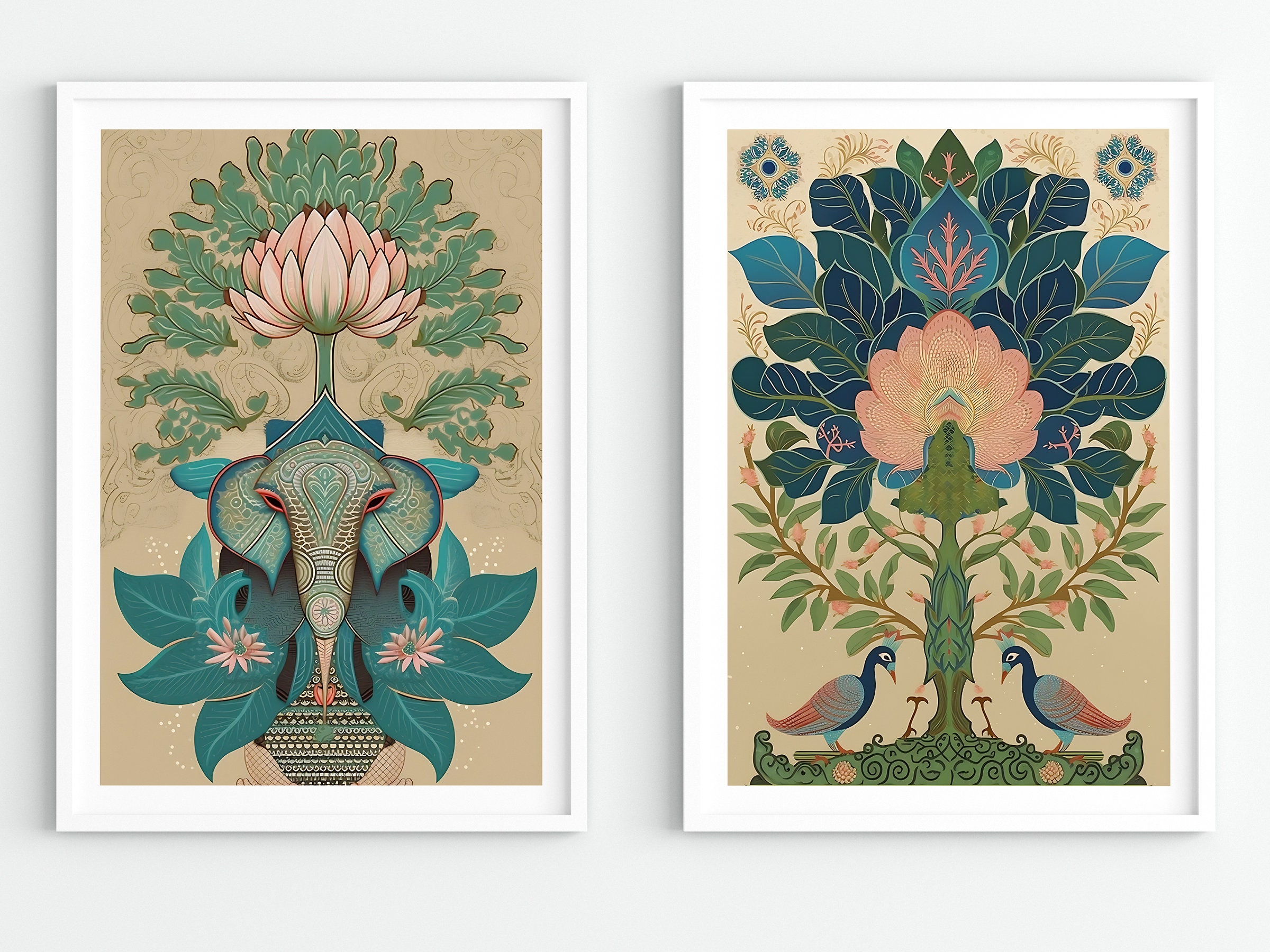 Indian Art Set of 2, Indian Art, Vintage Prints, Indian Folk Art, India wall art, Gallery wall set, Peacock Elephant Painting, India