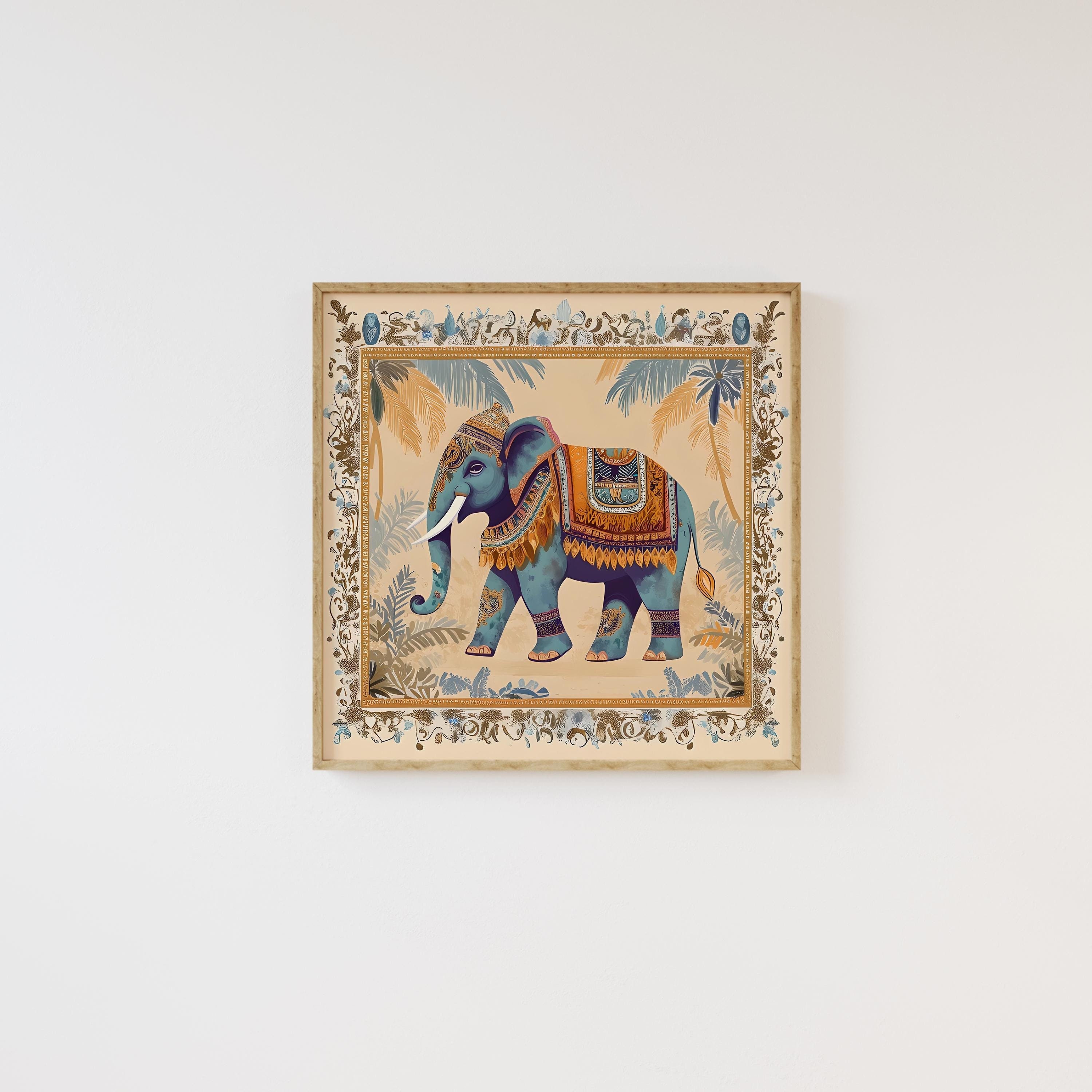 インドの民芸品象のイラスト | ビンテージスタイルの正方形の壁飾り