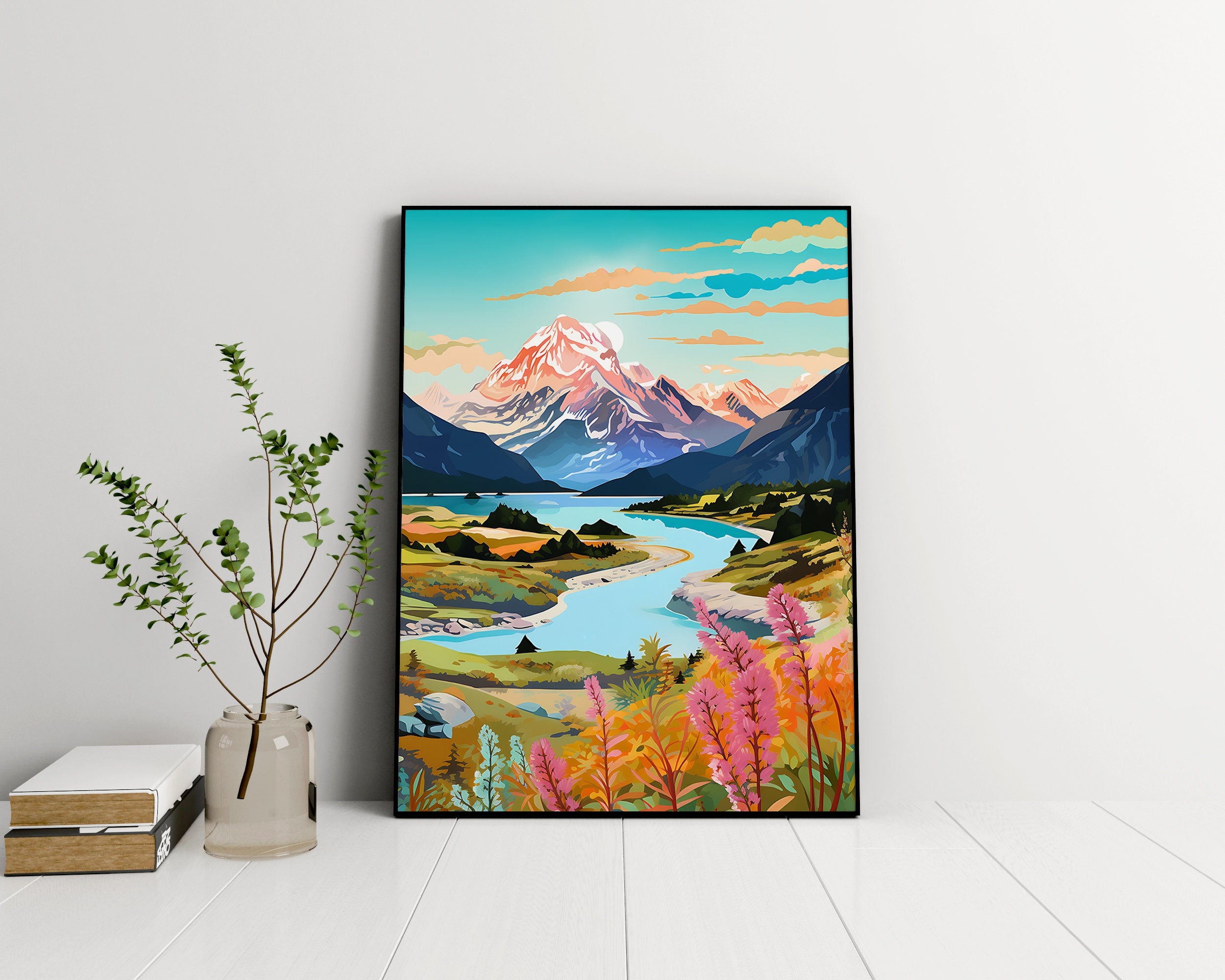 Aoraki Mount Cook Print: New Zealand Lake Pukaki Travel Poster