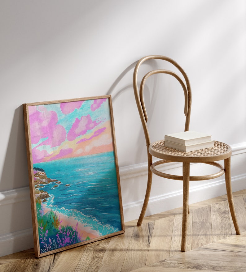 Pastel Color Seascape Painting, Colorful Wall Art, Bright Vibrant Print, Printable Digital image 3