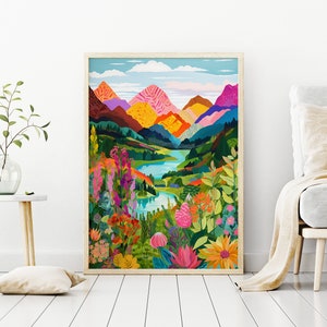 Puede incluir: Una ilustraci&oacute;n colorida de una cordillera con un lago en el valle. Las monta&ntilde;as son una mezcla de rosa, naranja, amarillo, verde y azul. El lago es de un azul brillante y hay flores y &aacute;rboles en primer plano.