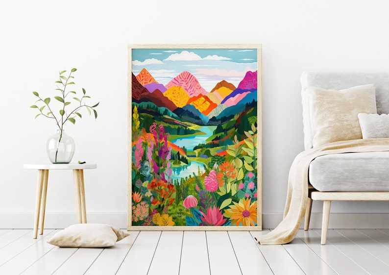 Puede incluir: Una ilustraci&oacute;n colorida de una cordillera con un lago en el valle. Las monta&ntilde;as son una mezcla de rosa, naranja, amarillo, verde y azul. El lago es de un azul brillante y hay flores y &aacute;rboles en primer plano.