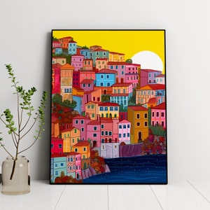 Manarola Illustration, Cinque Terre Italian Riviera Coastline, Italy Art, Architecture Wall Art