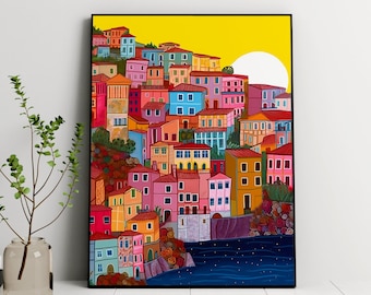Manarola Illustration, Cinque Terre Italian Riviera Coastline, Italy Art, Architecture Wall Art