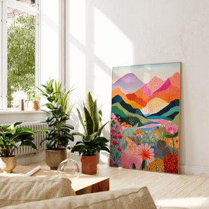 Abstract Mountain Artwork, Colorful Wall Art, Abstract Art, Patchwork, Illustration, Living Room Print, Scenery Art, Floral image 5