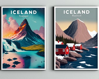 Island Illustration Print 2er Set, Reykjavík Druck, Kirkjufell Mountain,Digitaldruck,Digital Download,Reykjavik Poster