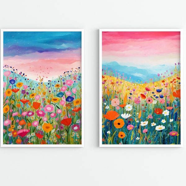 Wildflower Meadow Sunrise Set van 2 Print, Kleurrijke Bloemsierkunst, Botanische Print, Cottagecore Gallery, Impressionisme Wall Art