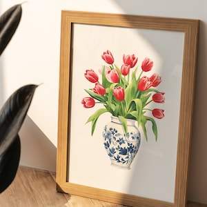 Tulpen rood boeket blauw witte vaas bloemen bloemen Art Print gemberpot gouache Boho moderne Wall Art decor boerderij decor afbeelding 5