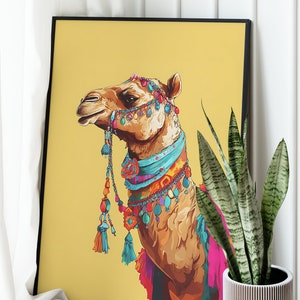 May include: A colorful illustration of a camel wearing a decorative headpiece and necklace with tassels. The camel is set against a yellow background.