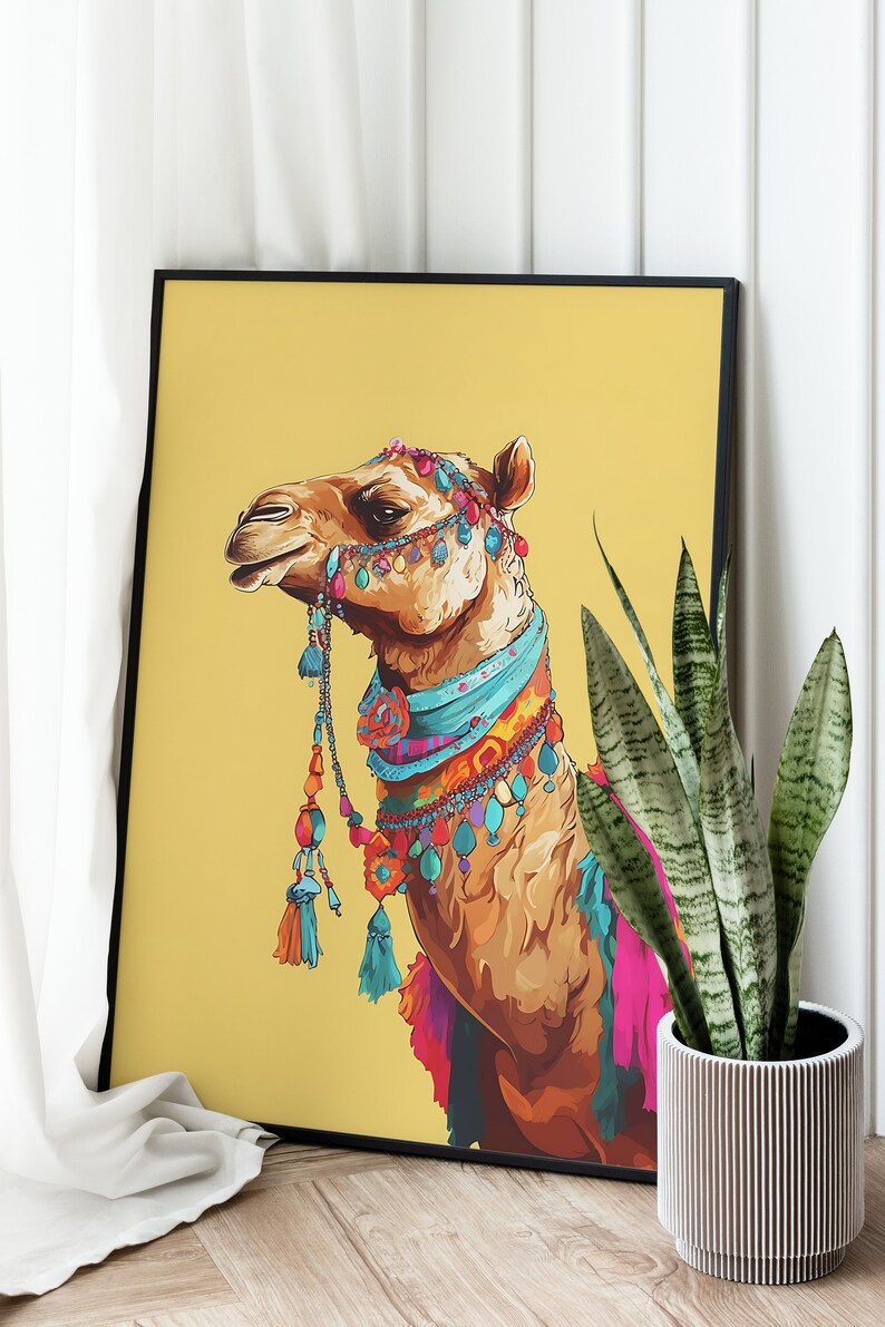 May include: A colorful illustration of a camel wearing a decorative headpiece and necklace with tassels. The camel is set against a yellow background.