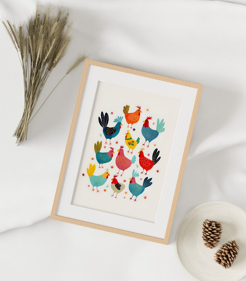 chicken painting, colorful decorative illustration, children's room, nursery art, cute print, kids room decor image 5