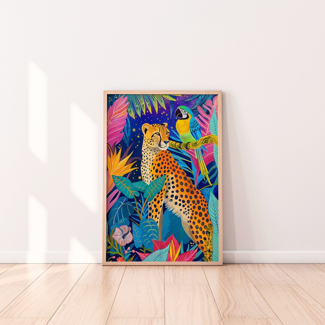 Cheetah and Parrot Tropical Jungle Art Print (digital Download) - Etsy