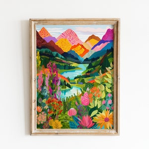 Puede incluir: Una impresi&oacute;n enmarcada de una pintura de paisaje colorida que presenta un lago rodeado de monta&ntilde;as y vegetaci&oacute;n exuberante. Las monta&ntilde;as est&aacute;n pintadas en tonos de rosa, amarillo, naranja y azul, mientras que el lago es de un turquesa vibrante. El primer plano est&aacute; lleno de una variedad de flores en tonos de rojo, rosa, morado y amarillo.