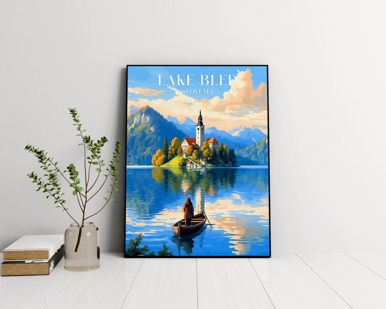 Lake Bled Travel Poster, Travel Print of Lake Bled, Slovenia Travel, Slovenia Art, Lake Bled Gift, Wall Art Print, Digital Download image 1