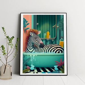 Cute Zebra in a tub, Bathroom Wall Art, Botanical Animal Print, Maximalist Animal in Bath Wall Art, Tropical Bathroom, Jungle Bathroom Decor image 1