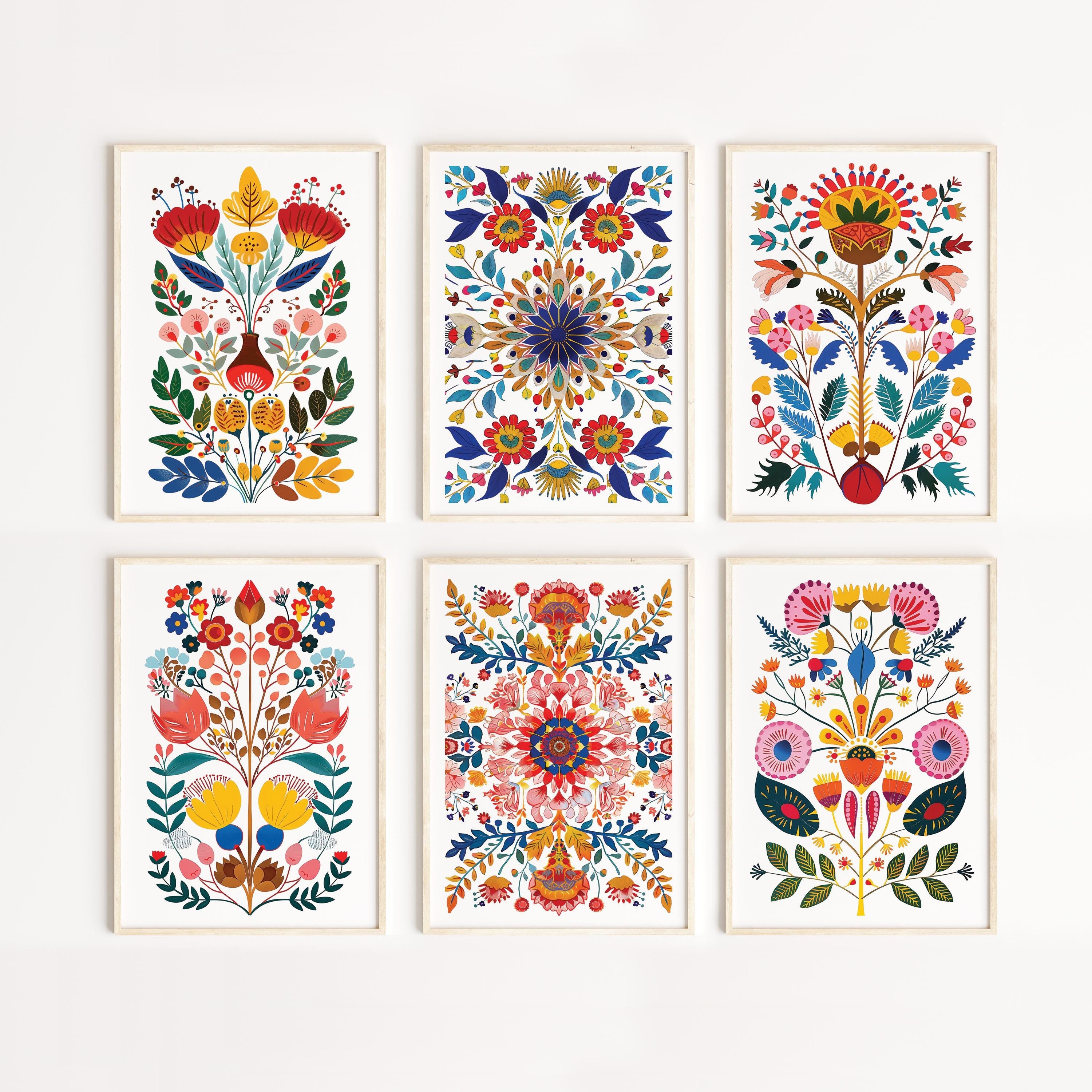 Scandinavian Floral Folk Art Set of 6, Nordic Eclectic Wall Art, Gallery Set, Bedroom Living Room Decor, Norwegian Art, DIGITAL DOWNLOAD