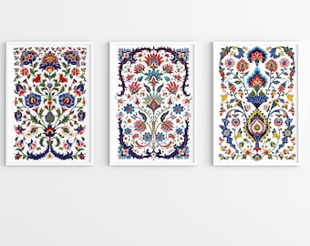 Ensemble de 3 art floral turc, imprimé floral, téléchargement numérique, décoration murale, cadeaux pour la maison, peinture abstraite florale, art mural islamique