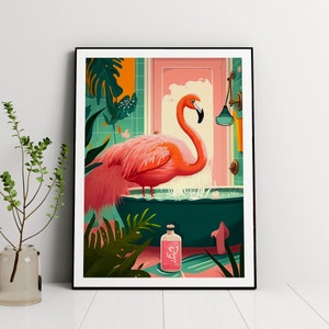 Flamingo in Bathroom Print, Bathroom Humour, Maximalist Tropical Bathroom Wall Art