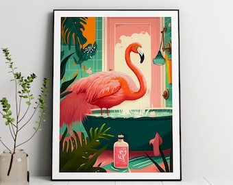 Flamingo Bathroom Art Print: Tropical Jungle Decor (Digital Download)