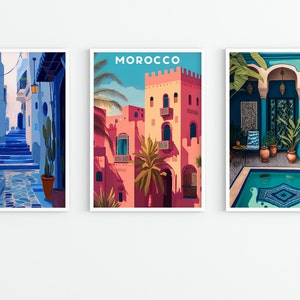 Ensemble de 3 illustrations du Maroc, Riad marocain, Marrakech, TÉLÉCHARGEMENT NUMÉRIQUE, Riad de Marrakech, Chefchaouen