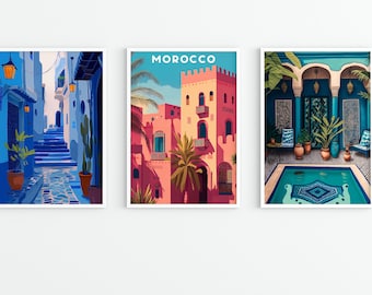 Morocco Illustration Set of 3, Moroccan Riad, Marrakech, DIGITAL DOWNLOAD, Marrakech Riad, Chefchaouen