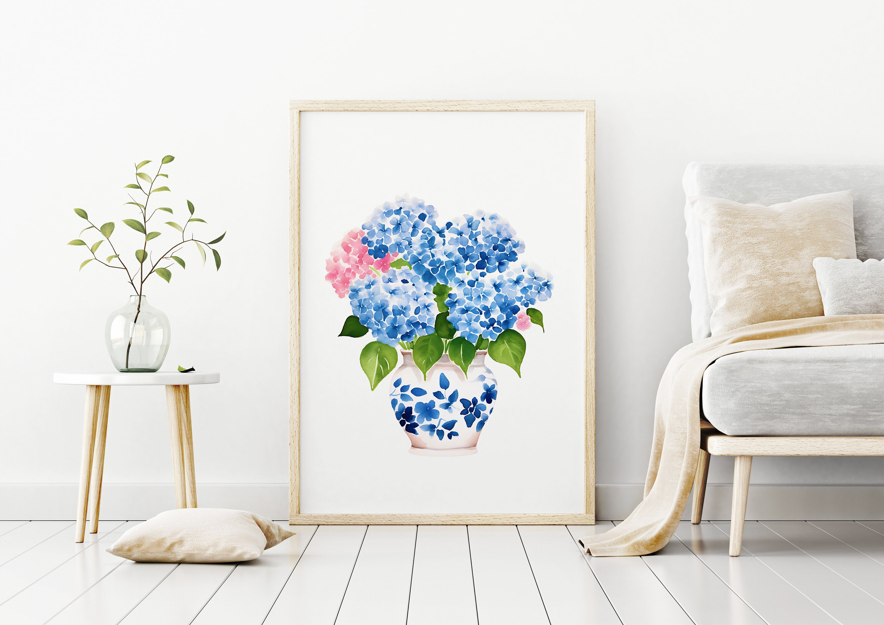 Hydrangea Watercolor Print: Delft Blue Vase Floral Art (digital ...