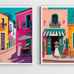 Mexico Travel Illustration Print Set of 2, Mexico art print, Mexican art ,Travel Print