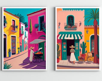 Mexico Travel Illustration Print Set of 2, Mexico art print, Mexican art ,Travel Print