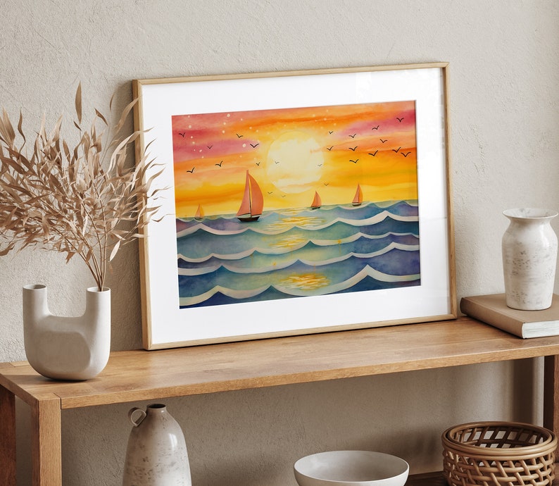 Sunset Beach Painting, Colorful Wall Art, Scenery Printable Art Print, Horizontal Beach Coast Landscape Wall Art Print, Instant Download image 1