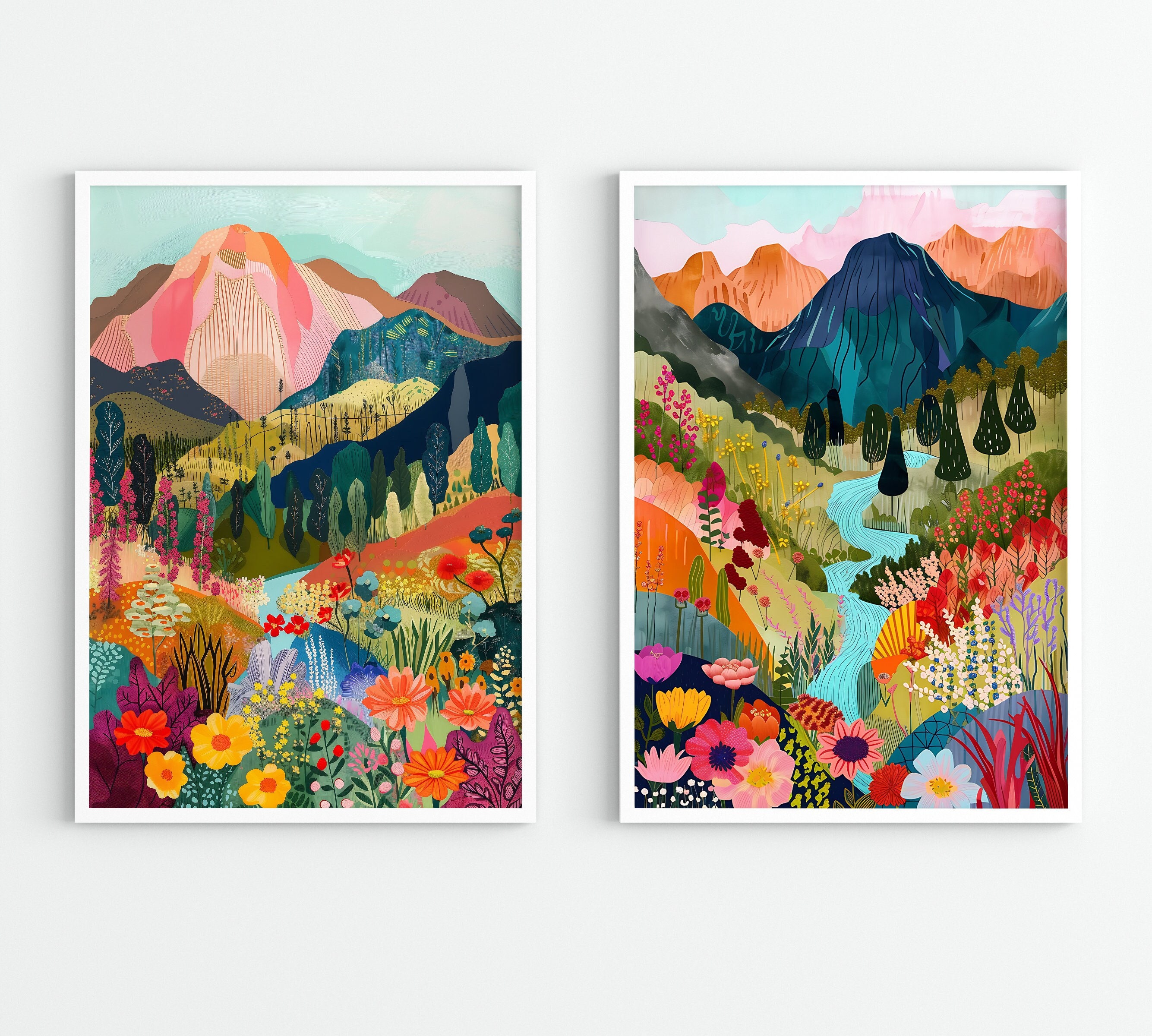 Colorful Abstract Mountain Landscape Art Prints - Set of 2