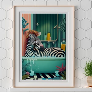 Cute Zebra in a tub, Bathroom Wall Art, Botanical Animal Print, Maximalist Animal in Bath Wall Art, Tropical Bathroom, Jungle Bathroom Decor image 3