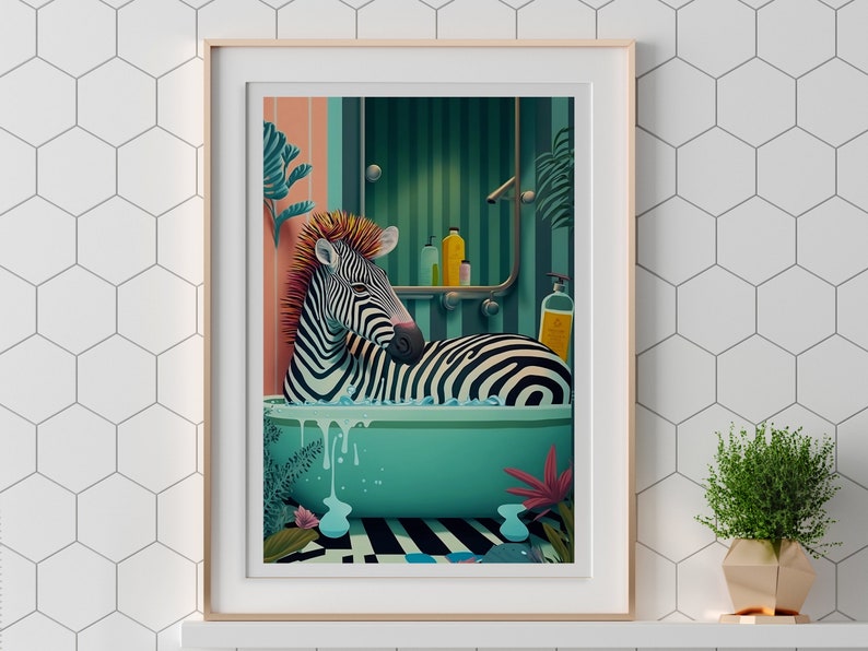 Cute Zebra in a tub, Bathroom Wall Art, Botanical Animal Print, Maximalist Animal in Bath Wall Art, Tropical Bathroom, Jungle Bathroom Decor image 3