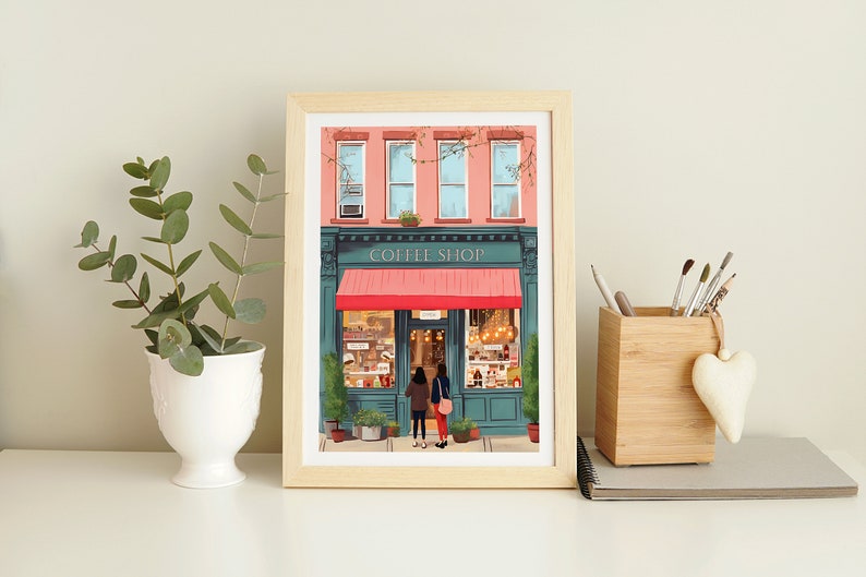 Plakat artystyczny „New York Coffee Shop”: Kolorowy plakat kawiarniany (pobranie cyfrowe) zdjęcie 2