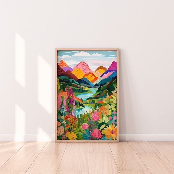 Abstract Mountain Artwork, Abstract Colorful Wall Art, Illustration, Living Room Decor, Scenery, Floral Painting