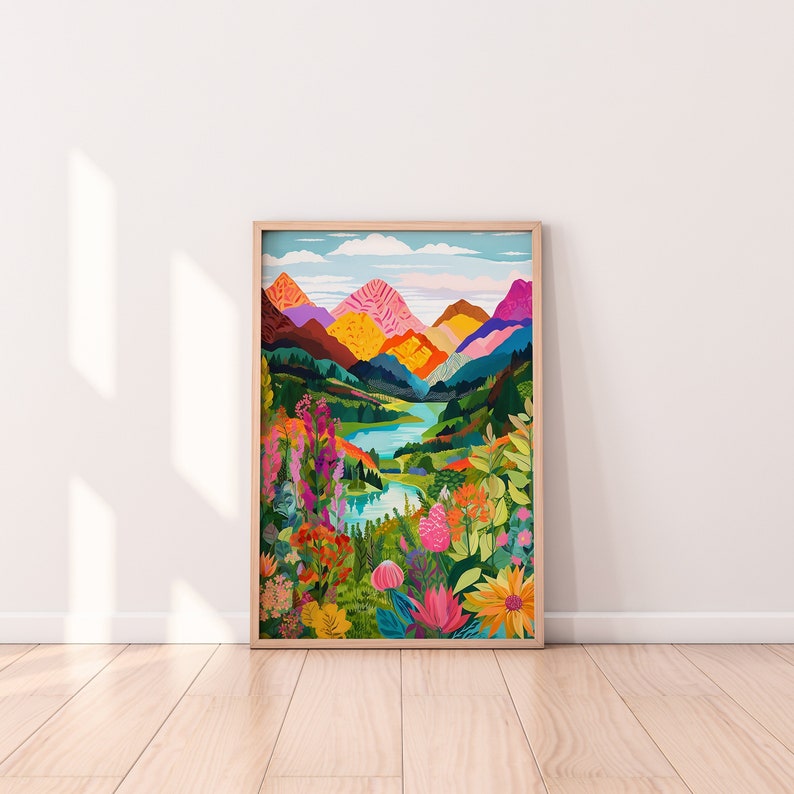 Abstract Mountain Artwork, Colorful Wall Art, Abstract Art, Acrylic Art, Illustration Art, Living Room Print, Scenery Art, Floral Art image 1