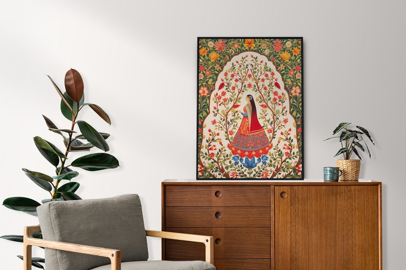 Indian Floral Printable Wall Art, Indian Vintage Art, Folk Prints, Printable, Pichwai Painting, Indian painting, Floral Art Print 画像 3