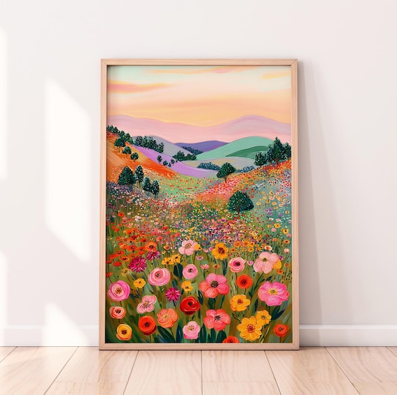 Pastel Mountain Landscape Print: Floral Hillside Nature Art (Digital Download)