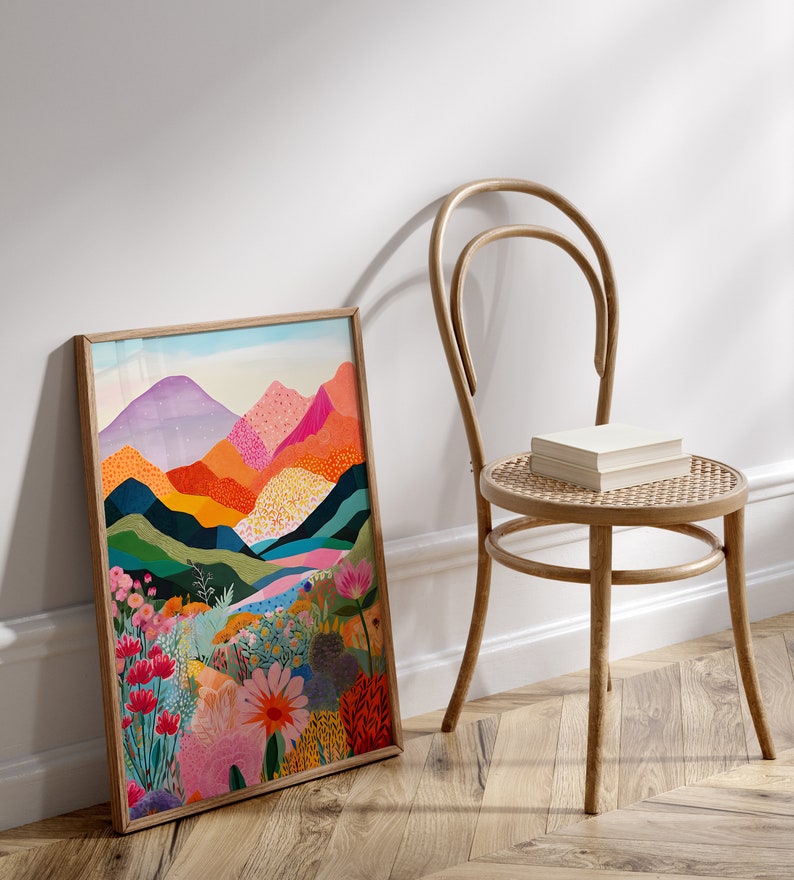 Abstract Mountain Artwork, Colorful Wall Art, Abstract Art, Patchwork, Illustration, Living Room Print, Scenery Art, Floral image 3