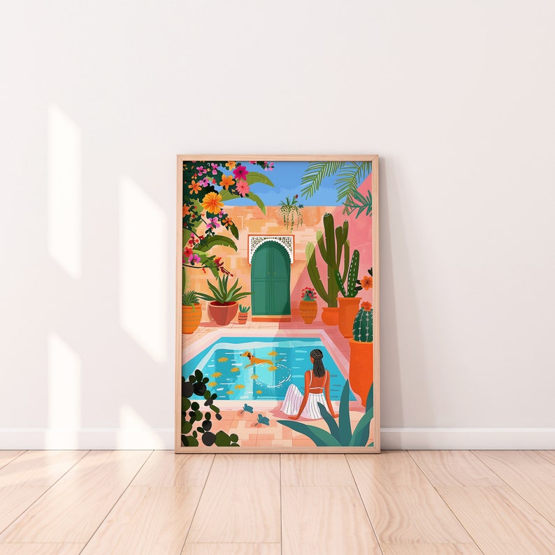 May include: A colorful illustration of a woman relaxing by a pool in a courtyard with lush greenery, cacti, and a blue tiled pool. The woman is wearing a white dress and has long dark hair. The courtyard is surrounded by a brick wall with a green door.