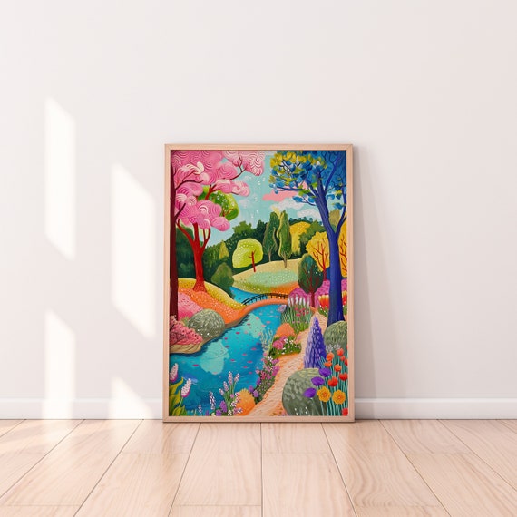 Colorful River Scenery Wall Art, Summer Bright Vibrant Print, Abstract Art,  Gouache painting
