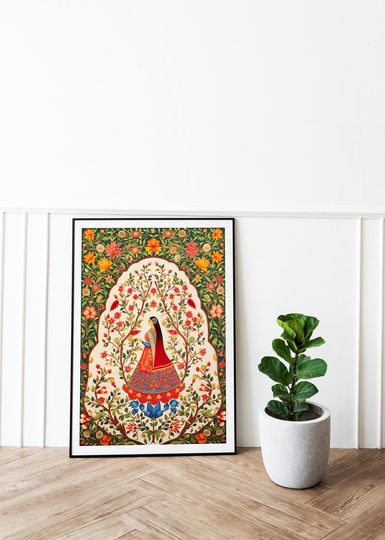 Indian Floral Printable Wall Art, Indian Vintage Art, Folk Prints, Printable, Pichwai Painting, Indian painting, Floral Art Print 画像 5